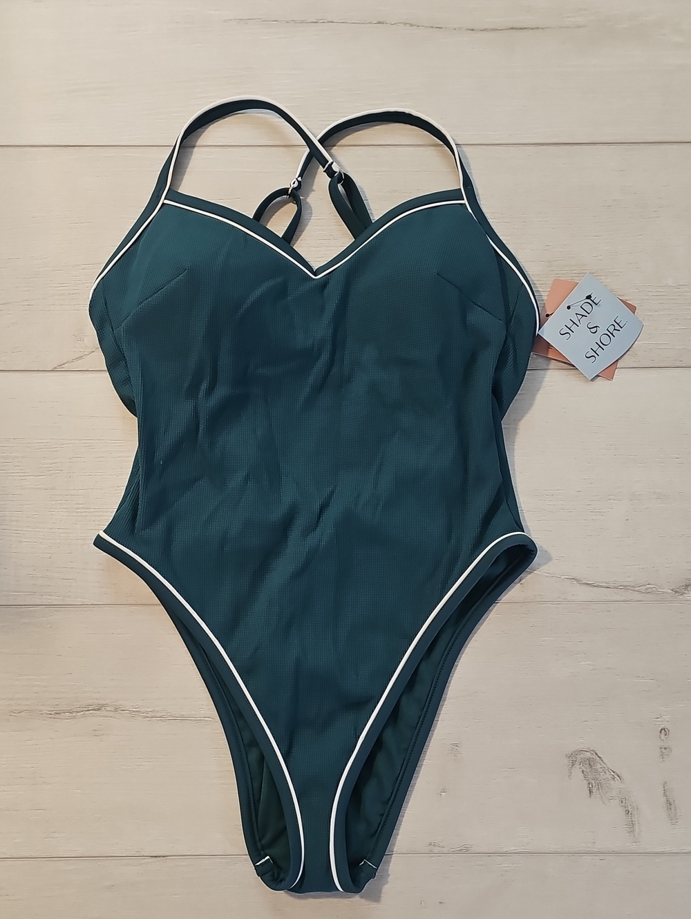 Shade & Shore Women's S Deep Green Textured One-Piece Swimsuit with White Trim